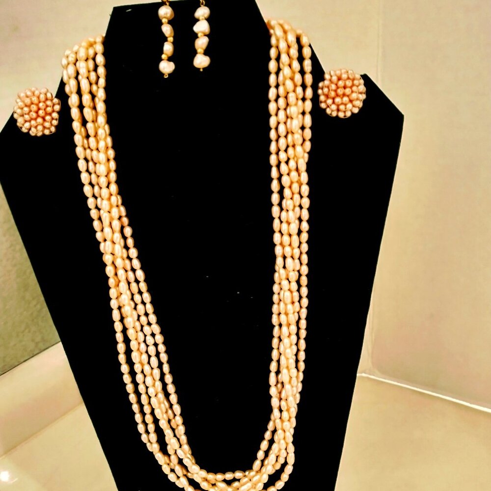 NIB HAWAIIN ISLAND FRESHWATER 6-STRAND PERAL NECKLACE + 2 SETS OF EARRINGS